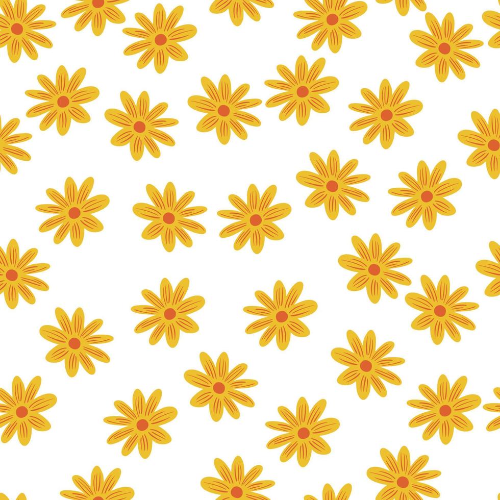 Bloom floral seamless pattern with yellow daisy flowers shapes. Isolated summer print. White background. vector