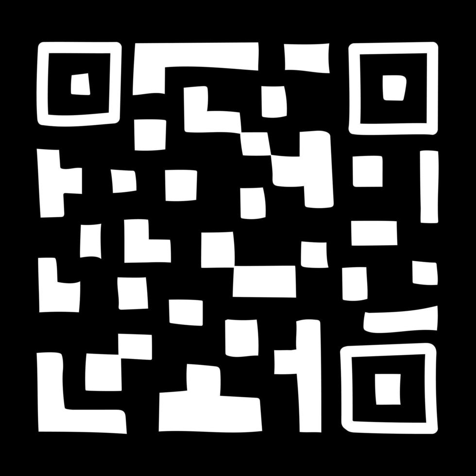 qr - código aislado sobre fondo negro. código de escaneo de producto universal en estilo doodle. vector