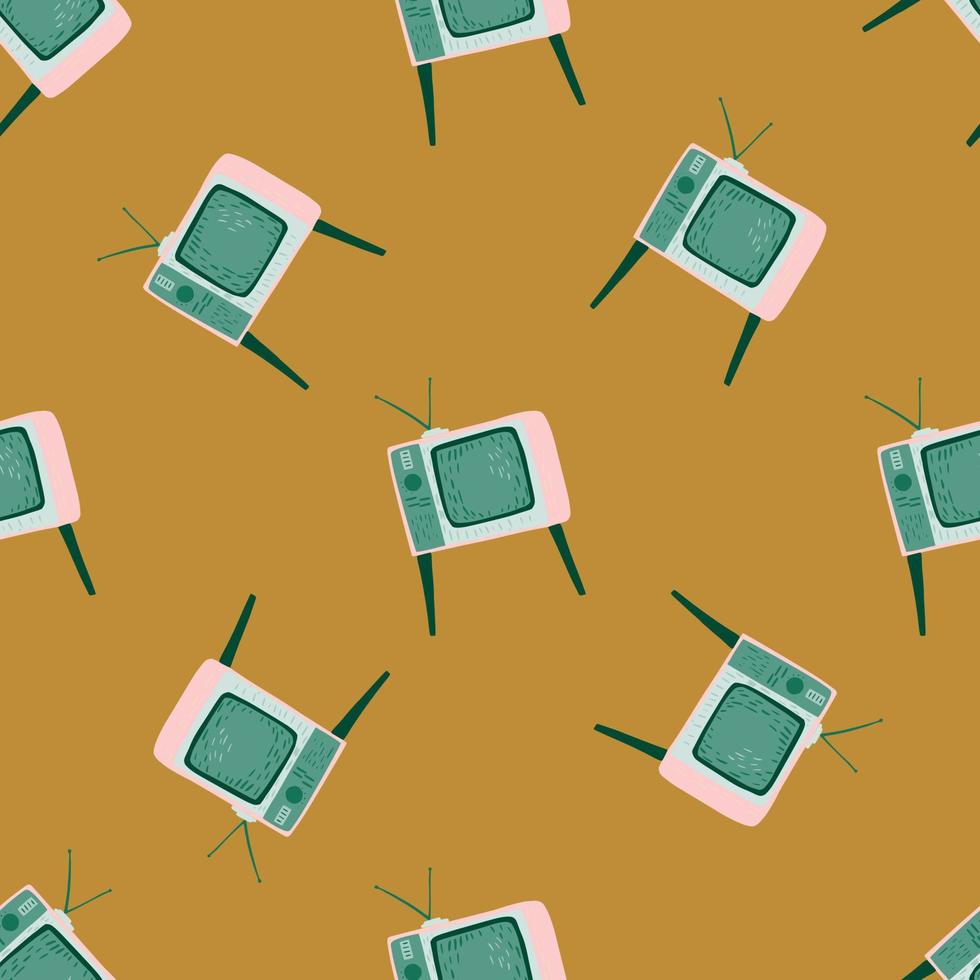 Retro media seamless pattern with tv technic ornament. Orange background. Movie print. vector