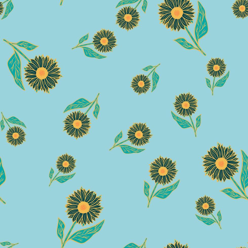 Simple design seamless random pattern with yellow sunflowers silhouettes. Blue background. vector