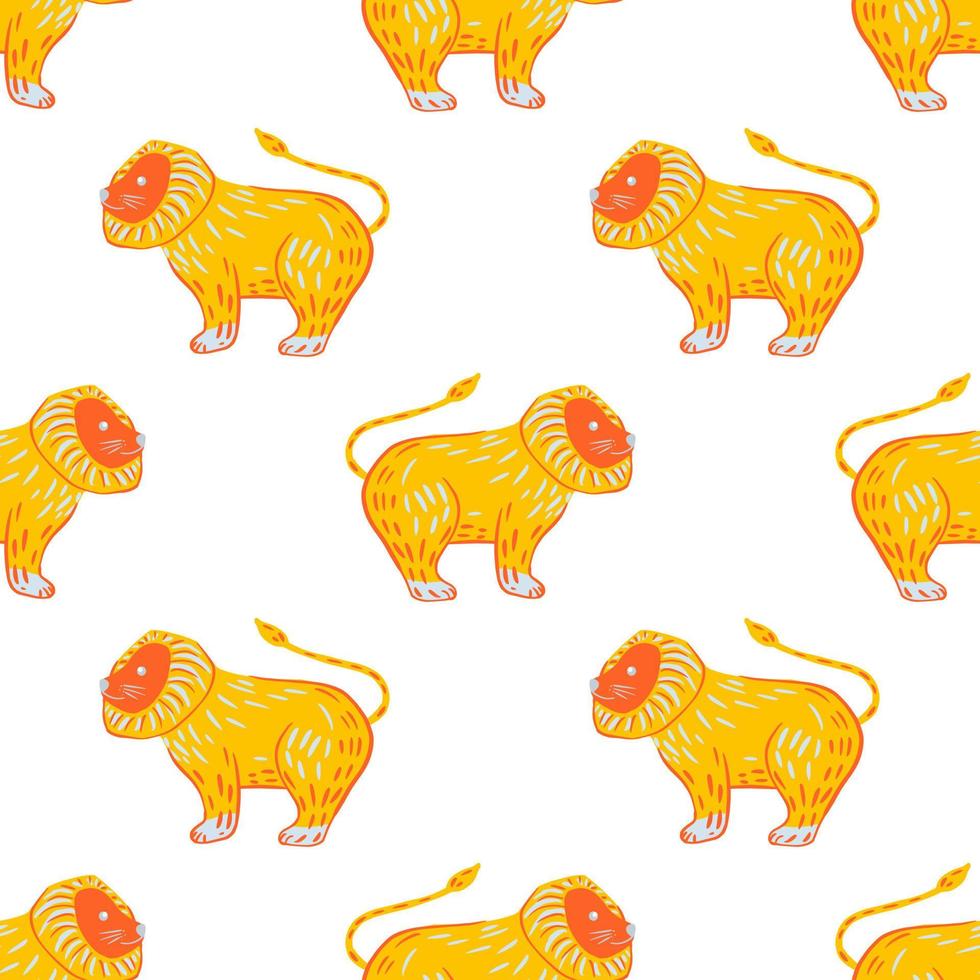 Isolated seamless pattern with bright yellow lions ornament. White background. Wildlife safari shapes. vector