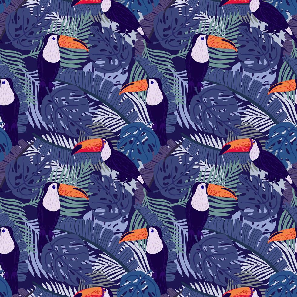Seamless pattern toucans on botanical background. Abstract texture decoration with leaf monstera, palm and banana in blue color. Fashion of summer nature jungle for print. vector