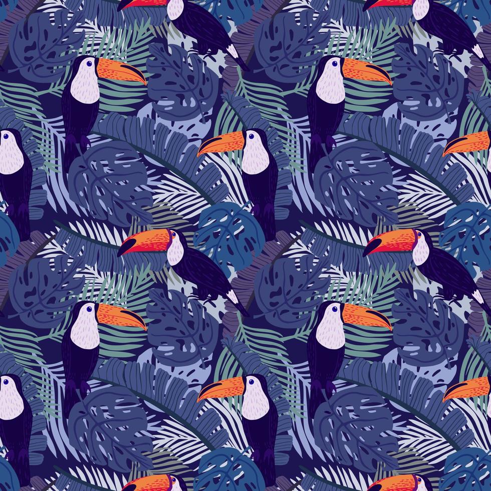 Seamless pattern toucans on botanical background. Abstract texture decoration with leaf monstera, palm and banana in blue color. Fashion of summer nature jungle for print. vector