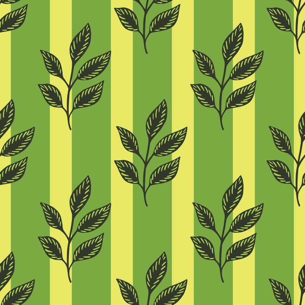 Botanic seamless pattern with leaf branches ornament. Green striped background. Herbal shapes. vector