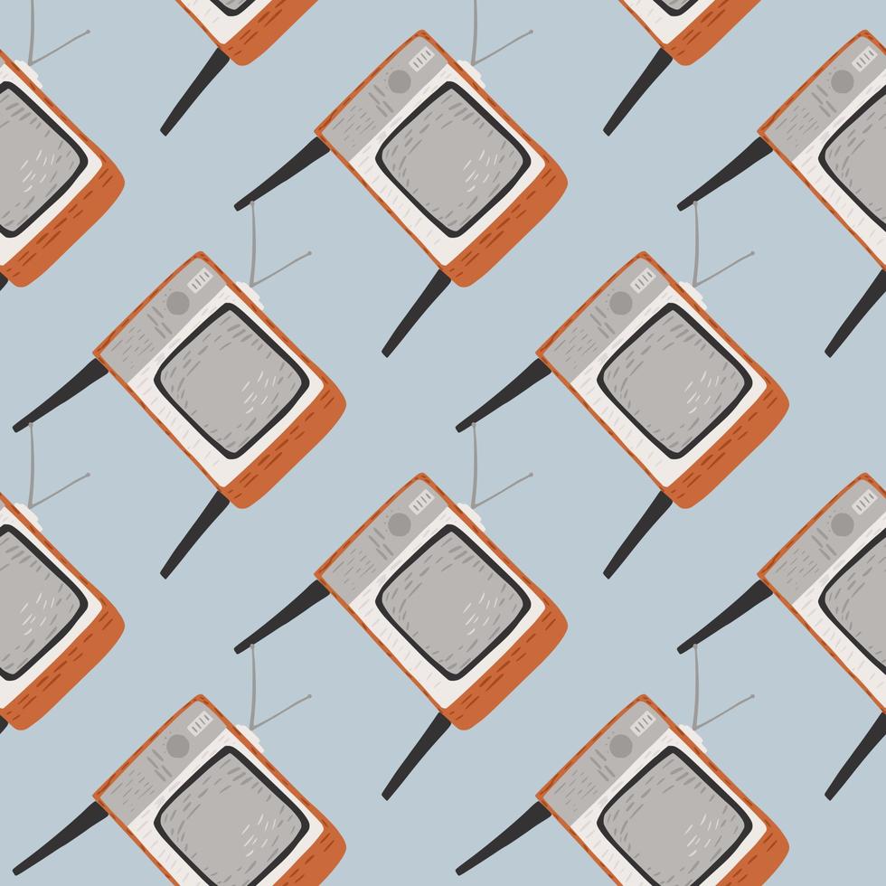 Cartoon technic seamless pattern with grey tv ornament. Light blue background. vector