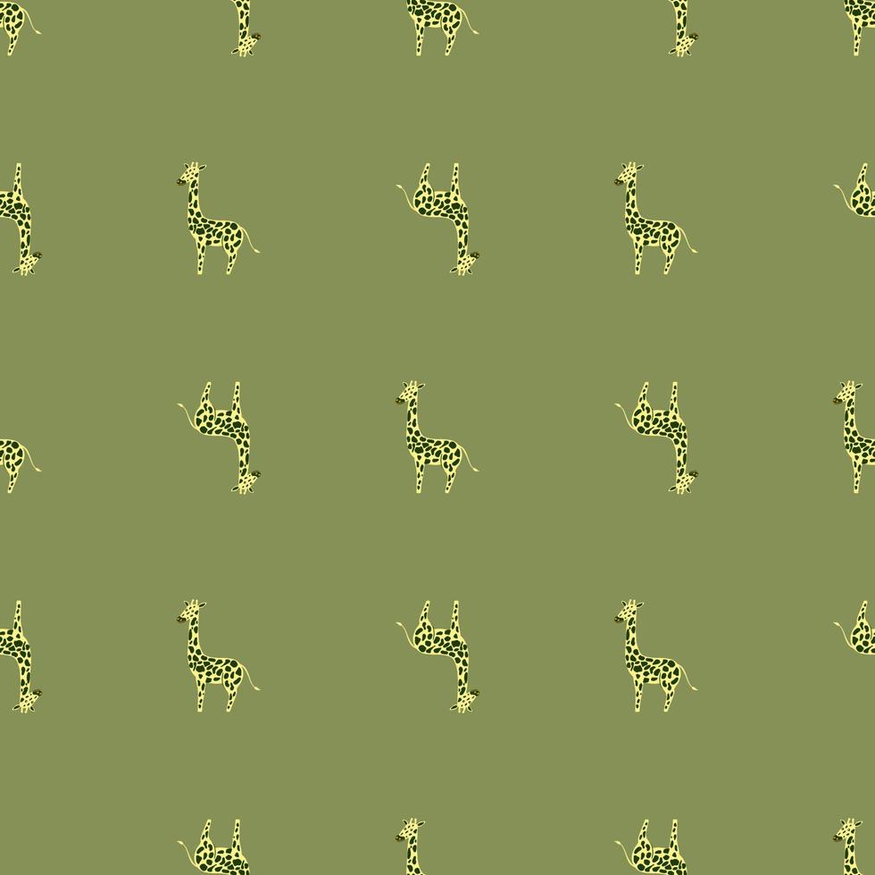 Funny seamless kids pattern with simple giraffe silhouettes. Green olive background. Simple design. vector