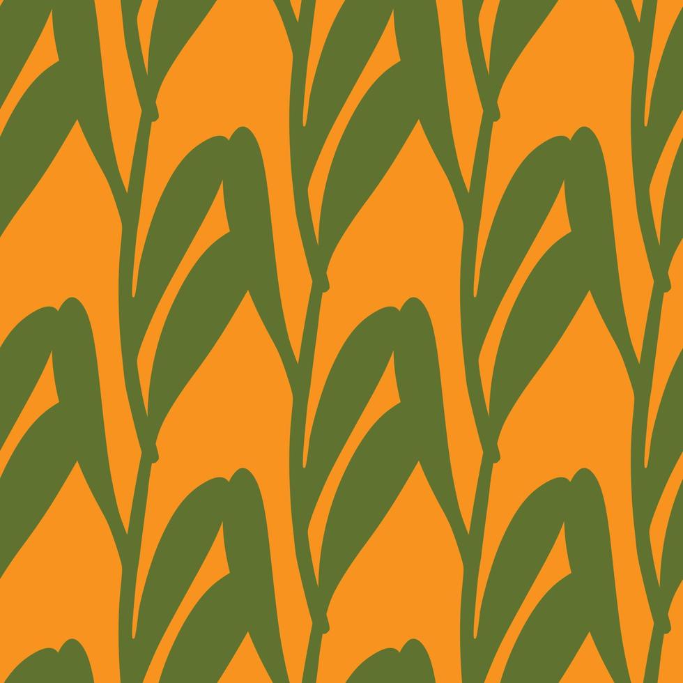 Abstract floral seamless pattern with botanic green leaf branches silhouettes. Orange background. vector