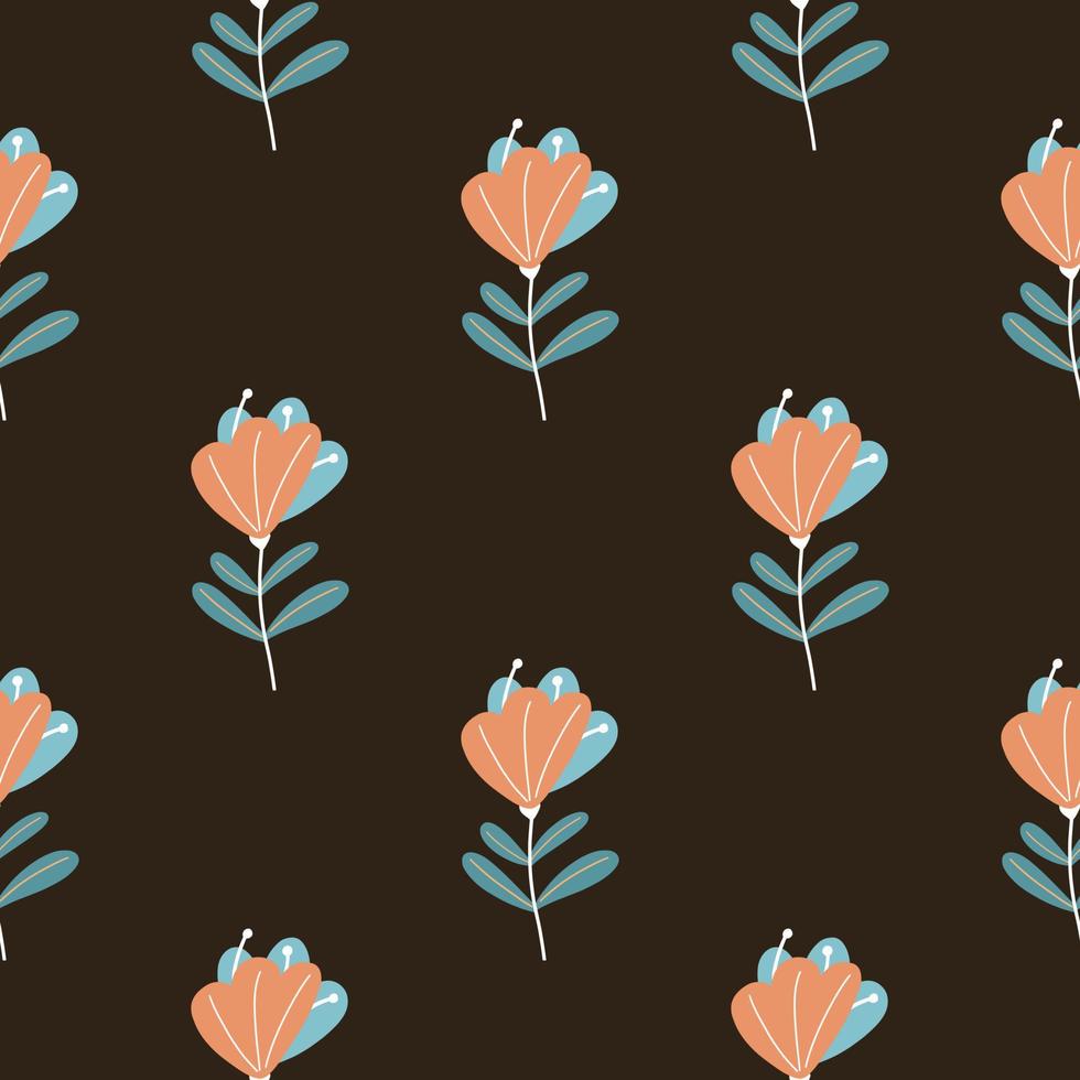 Abstract orange colored scribble flower silhouettes seamless pattern. Black background. vector