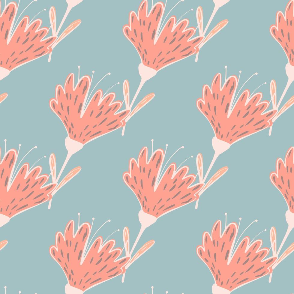 Pastel pink flowers contoured silhouettes seamless pattern. Light blue background. Nature print. vector