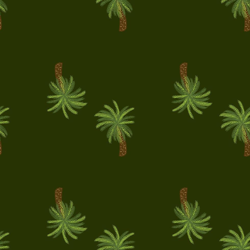 Minimalistic style seamless pattern with green tree palm ornament. Dark olive background. Doodle style. vector