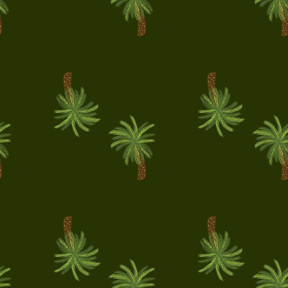 Minimalistic style seamless pattern with green tree palm ornament. Dark olive background. Doodle style. vector