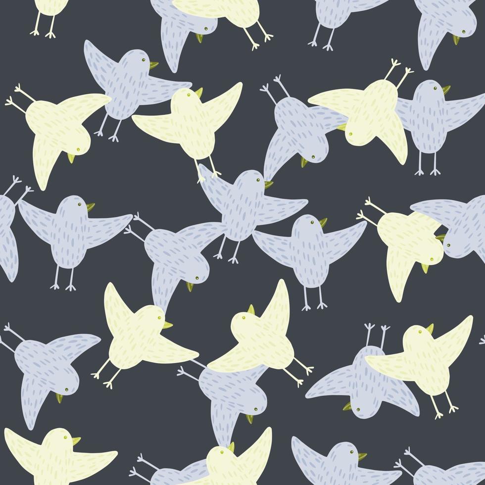 Abstract seamless animal pattern with blue and light yellow birds shapes. Dark grey background. vector