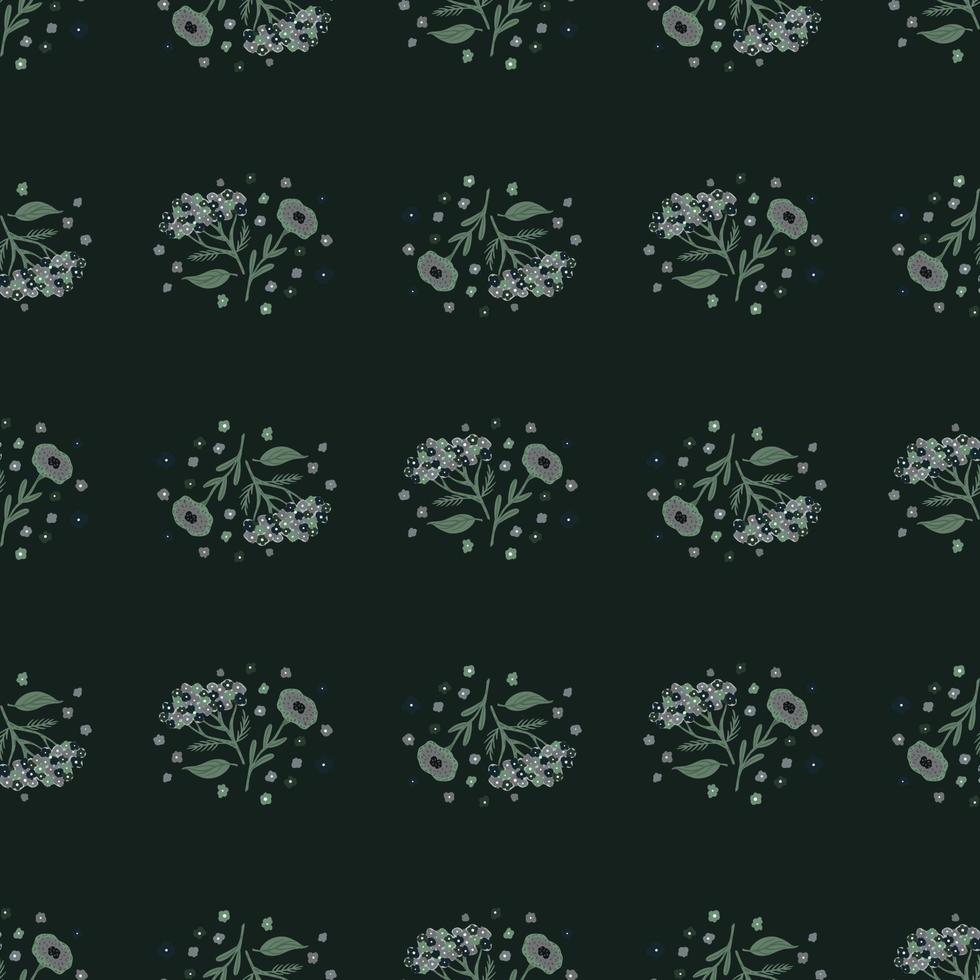 Botanical seamless pattern with dark grey and green colored yarrow elements. Black background. vector