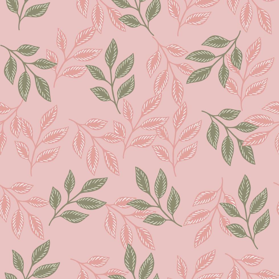 Spring seasonal seamless pattern with random leaf foliage shapes print. Pink background. Organic backdrop. vector