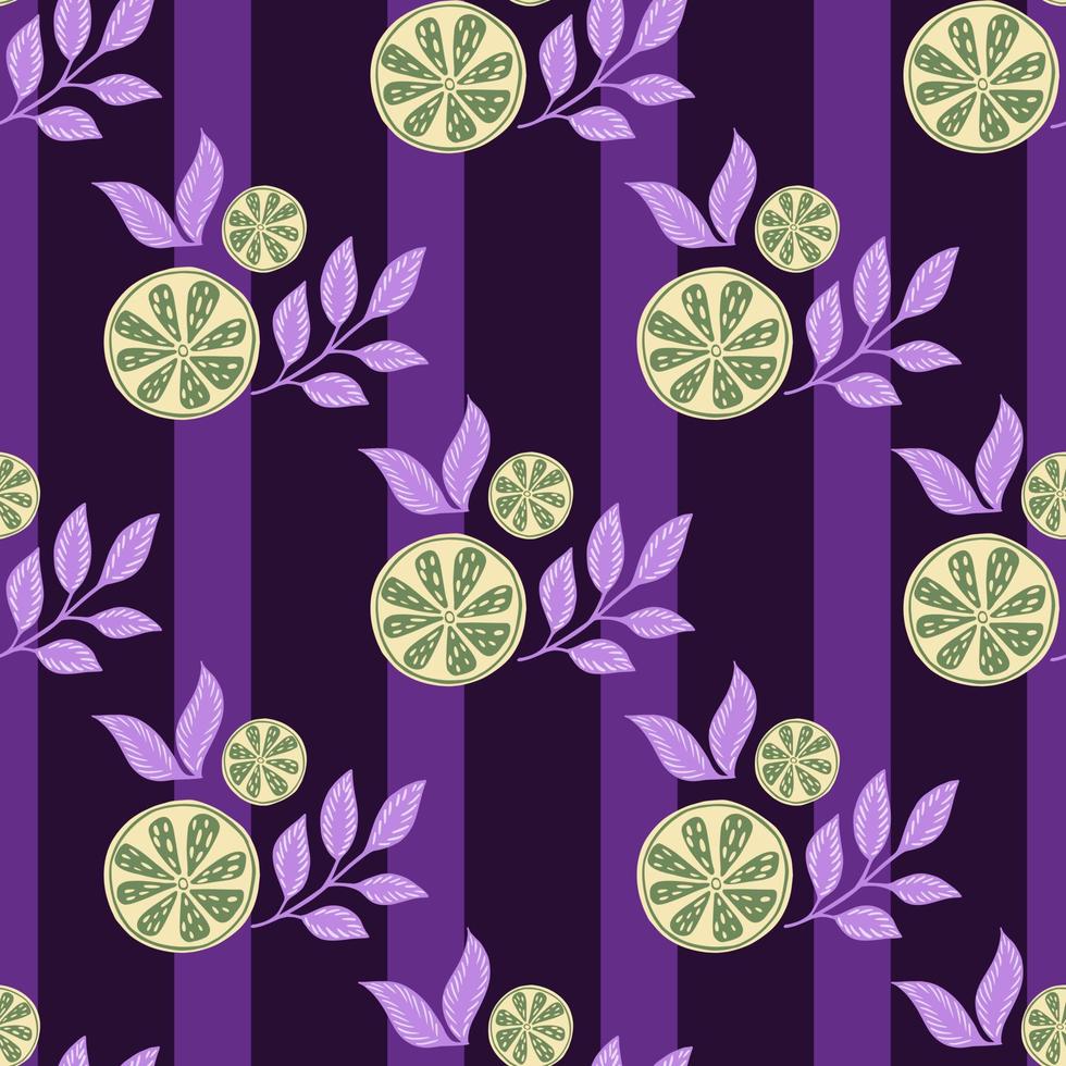 Green lemon slices and leaves green ornament seamless pattern. Purple striped background. Organic food print. vector