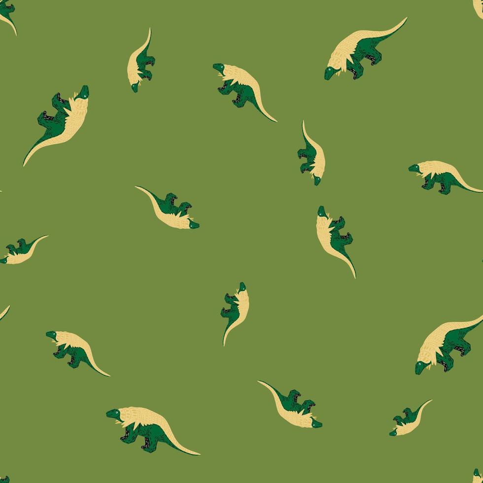 dinosaurios de color beige ornamento aleatorio de patrones sin fisuras. fondo verde telón de fondo de la naturaleza de la vida silvestre. vector