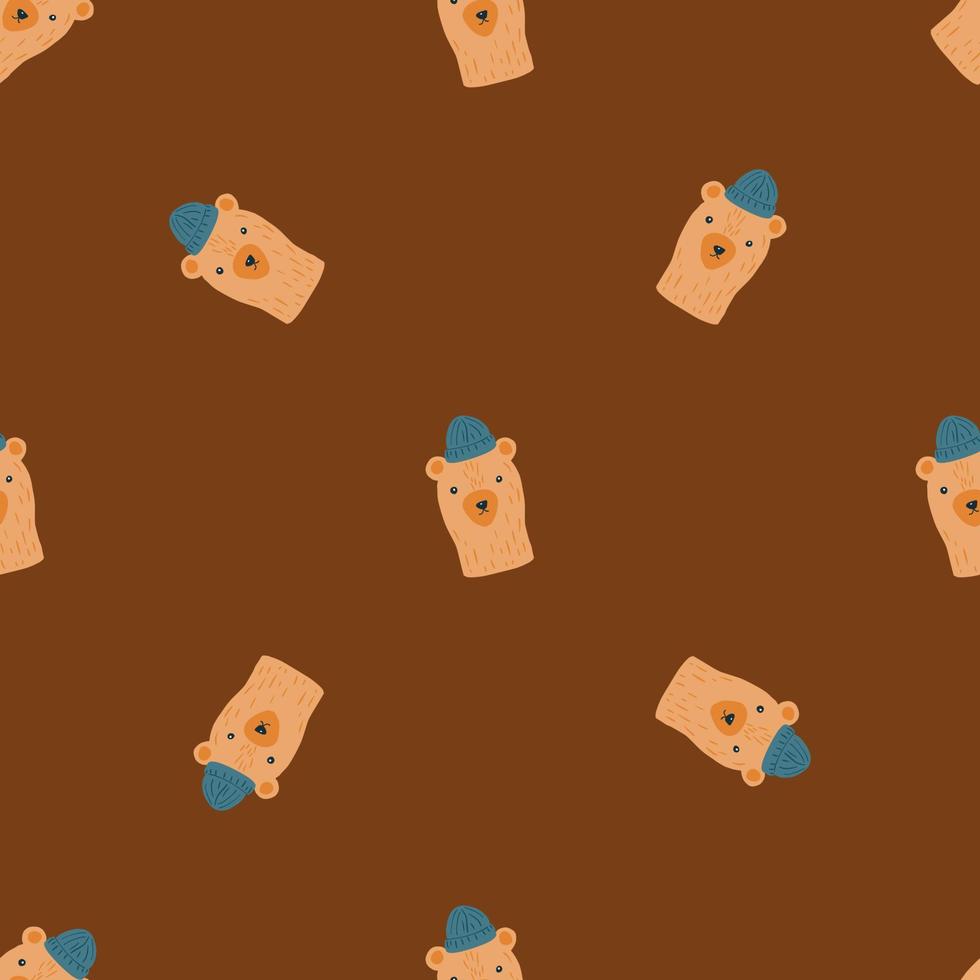 Minimalistic style seamless pattern with doodle bears in hats characters print. Brown background. vector