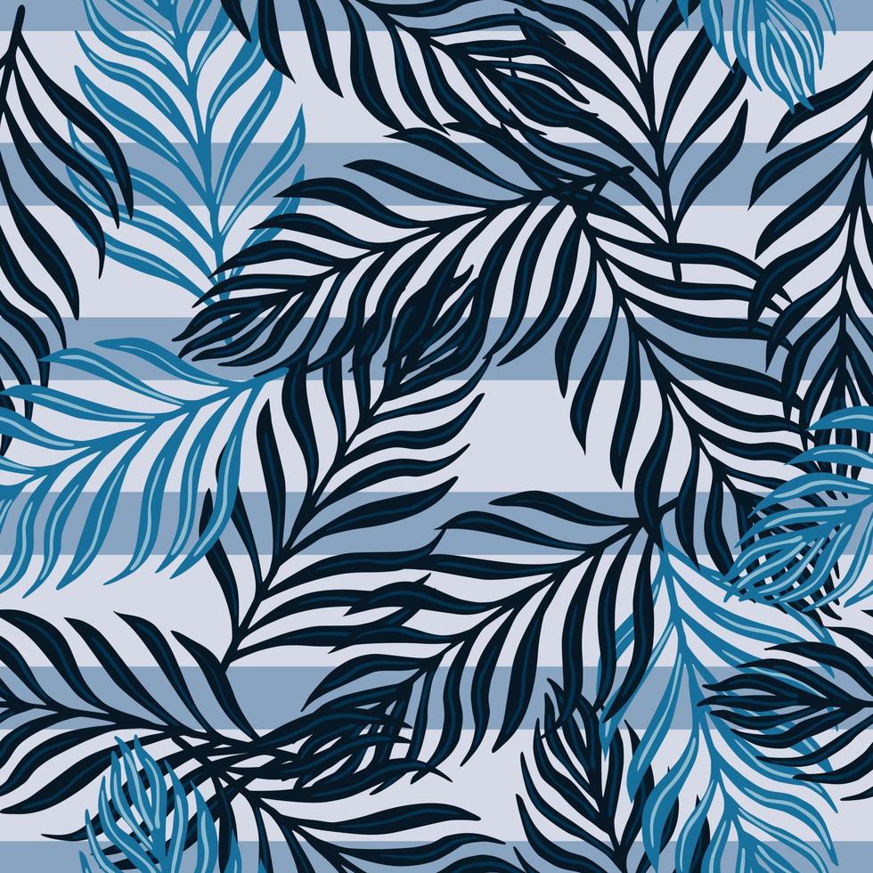 Hawaii exotic seamless flora pattern with random fern leaf silhouettes ornament. Blue striped background. vector