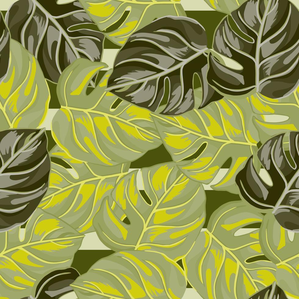 patrón tropical sin costuras sobre fondo rayado. decoración de textura abstracta con hoja de color verde monstera. vector