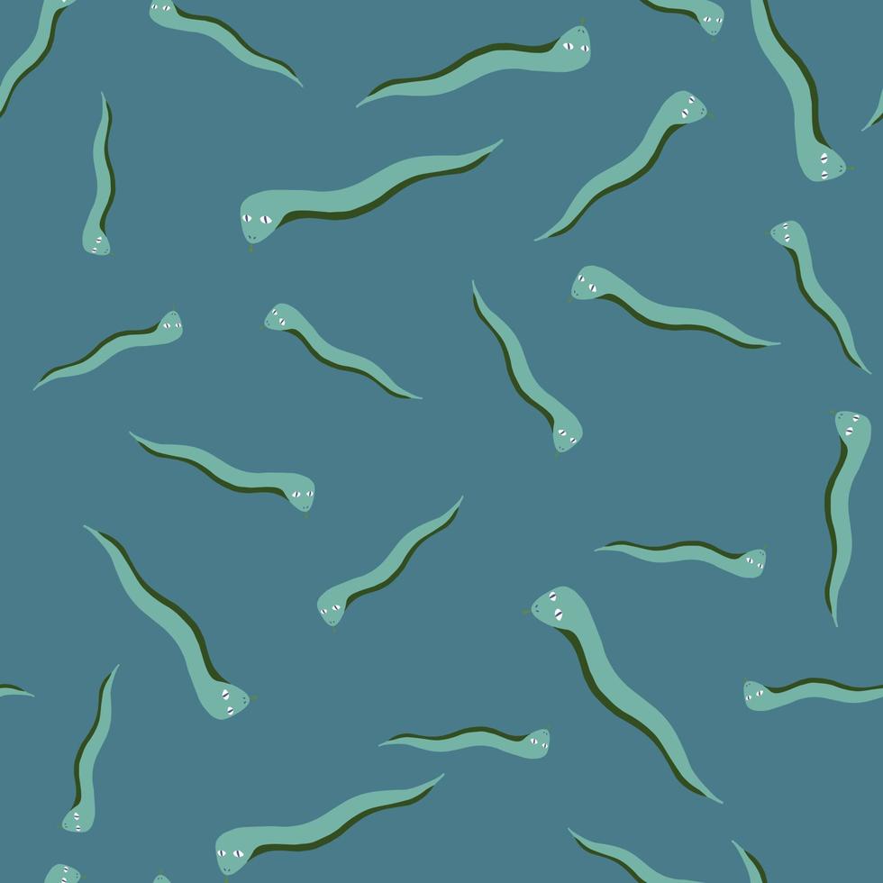 Fauna seamless pattern with random snakes shapes ornament. Blue background. Wild animal print. vector