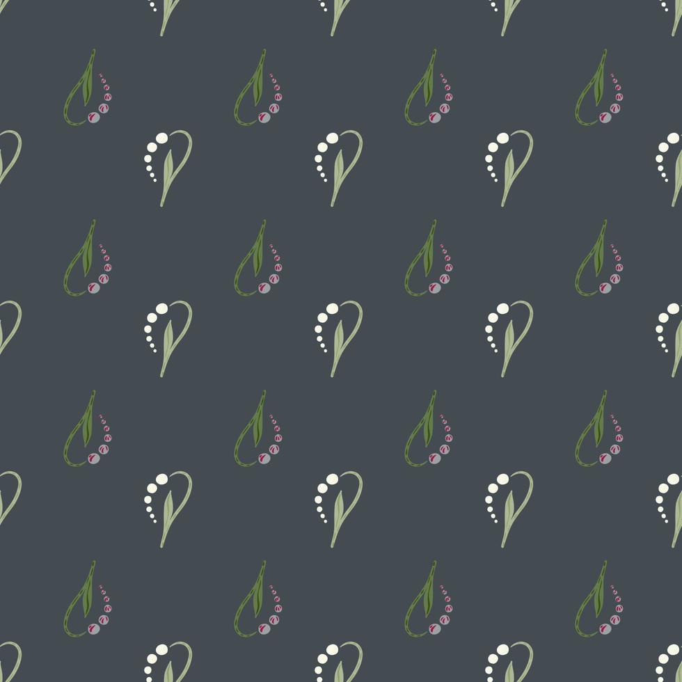 Abstract style seamless pattern with little lily of the valley shapes. Pale dark blue background. vector