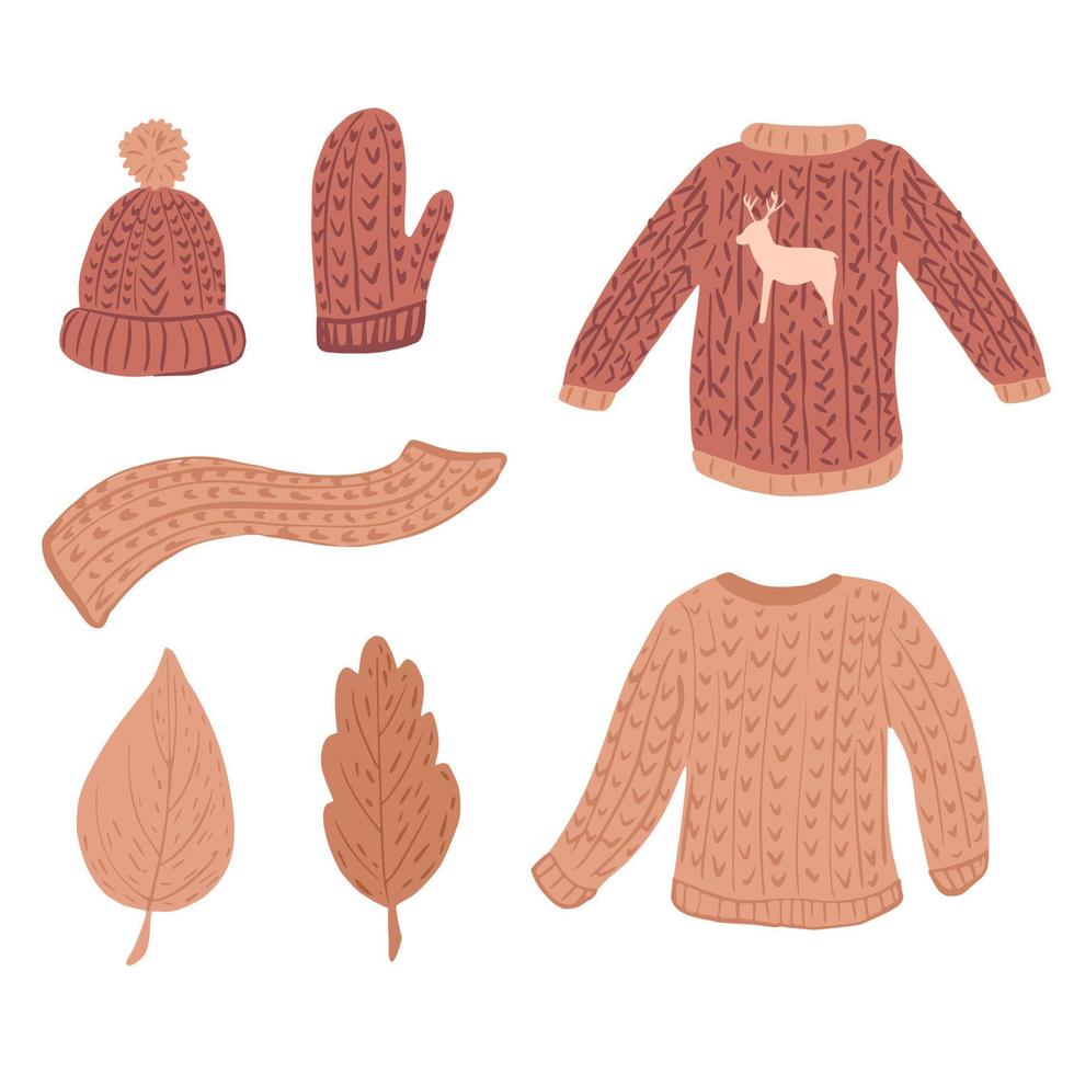 Composition ugly sweater on white background. Russet kit season clothing from sweater, mitten, cap, scarf and foliage sketch hand drawn in style doodle. vector