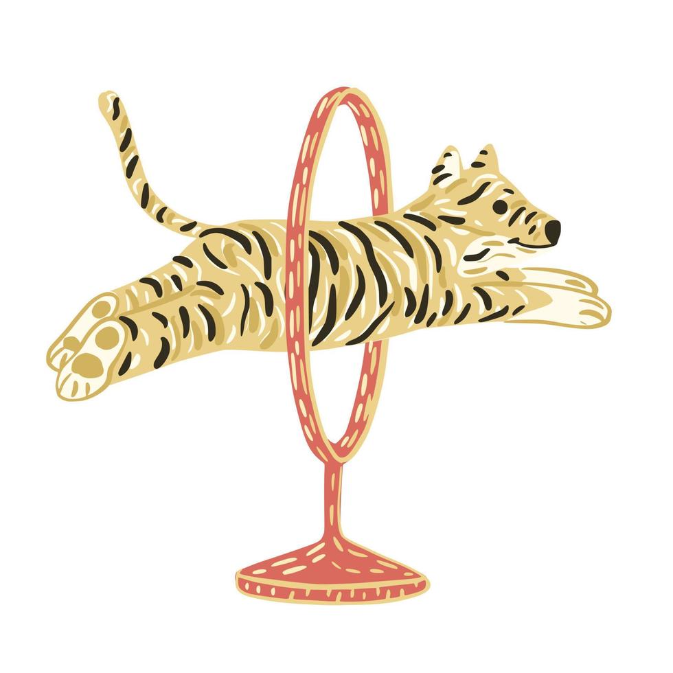 Tiger jump through circus ring isolated on white background. Cute character from safari in striped. vector