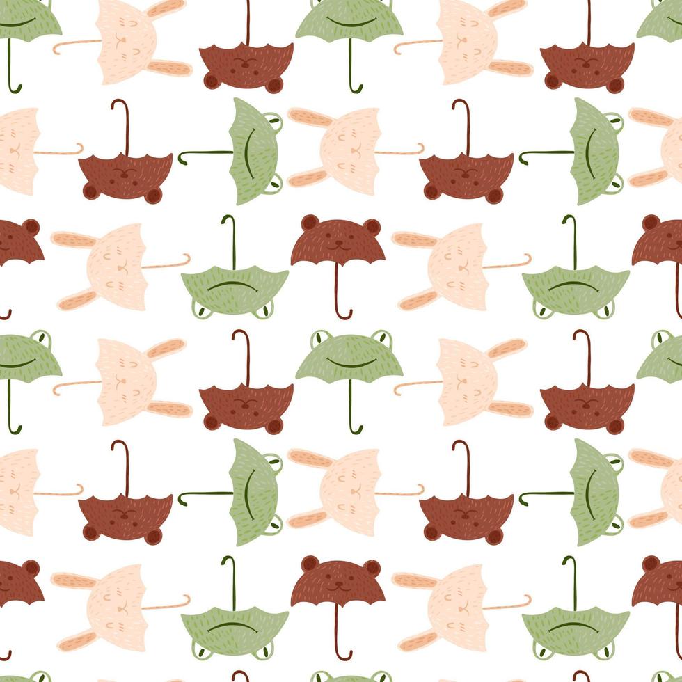 Seamless pattern umbrellas animals on white background. Funny cartoon characters bunny, frog and bear. vector