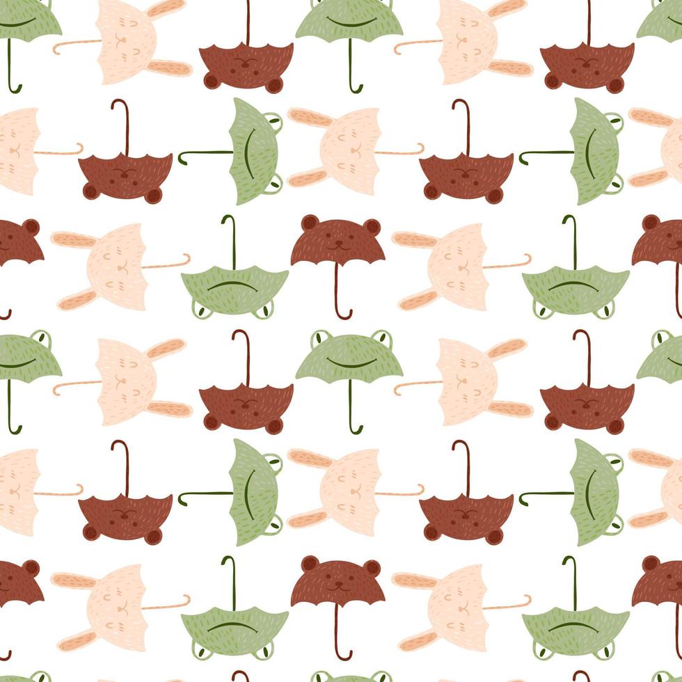 Seamless pattern umbrellas animals on white background. Funny cartoon characters bunny, frog and bear. vector