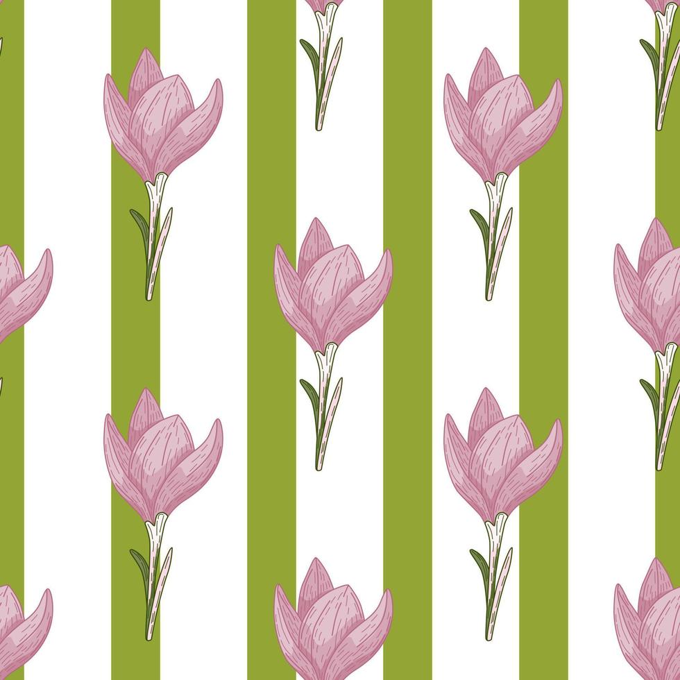 Spring seamless pattern with botanic lilac outline crocus flowers shapes. Green and white striped background. vector