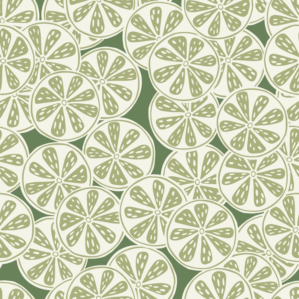 Random decorative seamless pattern with doodle lime slice silhouettes. Pastel colors. Natural organic food print. vector