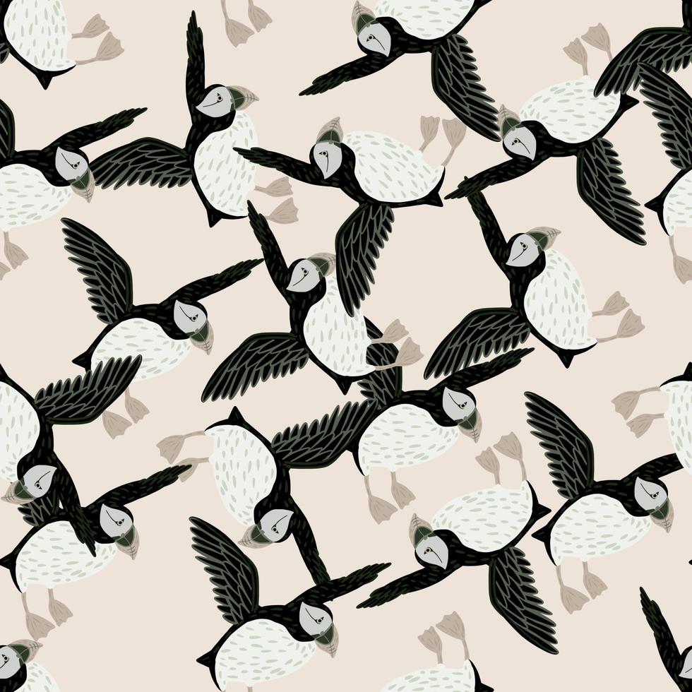 Hand drawn creative seamless pattern with random abstract puffin birds shapes. Light pink background. vector