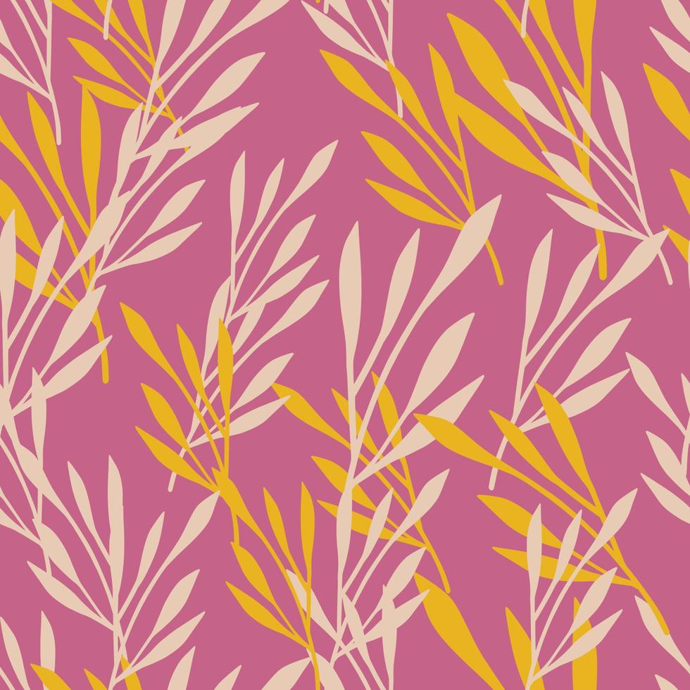 Summer foliage random seamless pattern with yellow and grey leaves branches silhouettes. Pink background. vector