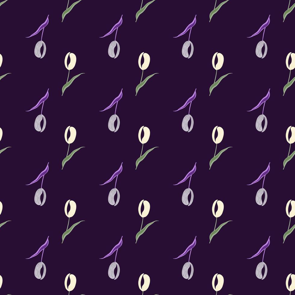 Floral dark seamless pattern with decorative tulip flowers silhouettes. Purple background. Simple style. vector