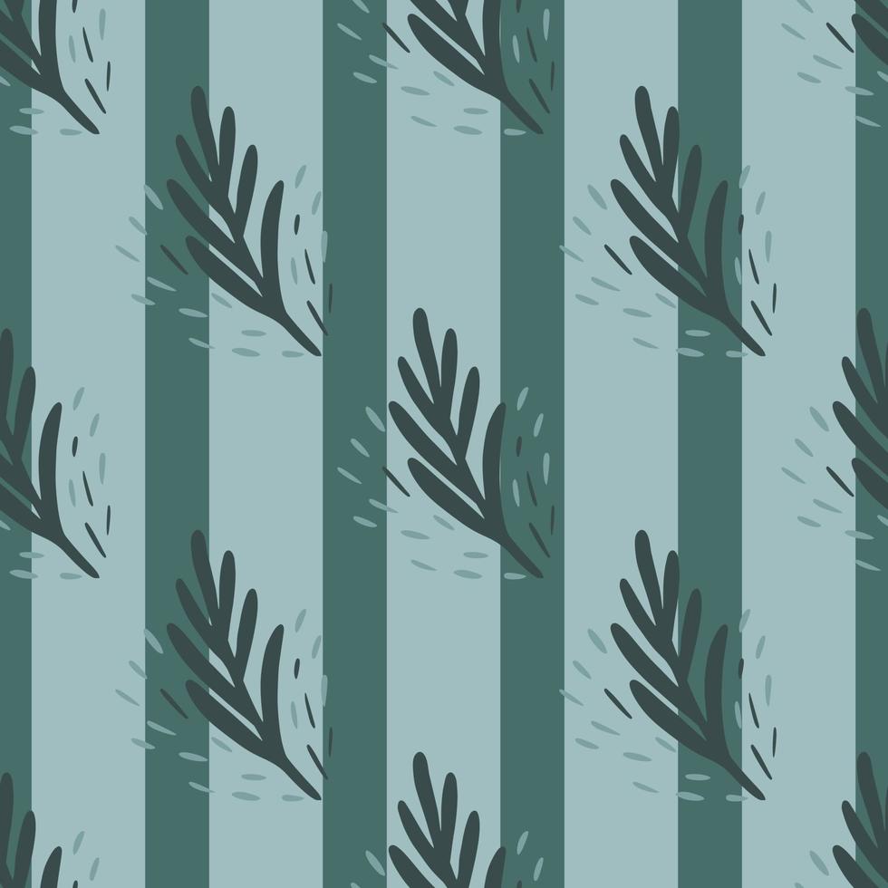 Seamless pattern fir twig on blue striped background. Vector geometric template in doodle style. Christmas forest texture.