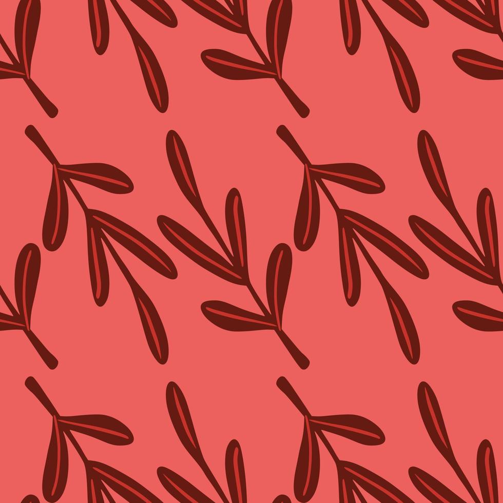 Maroon red abstract leaves twig print seamless pattern. Pink background. Doodle style. vector