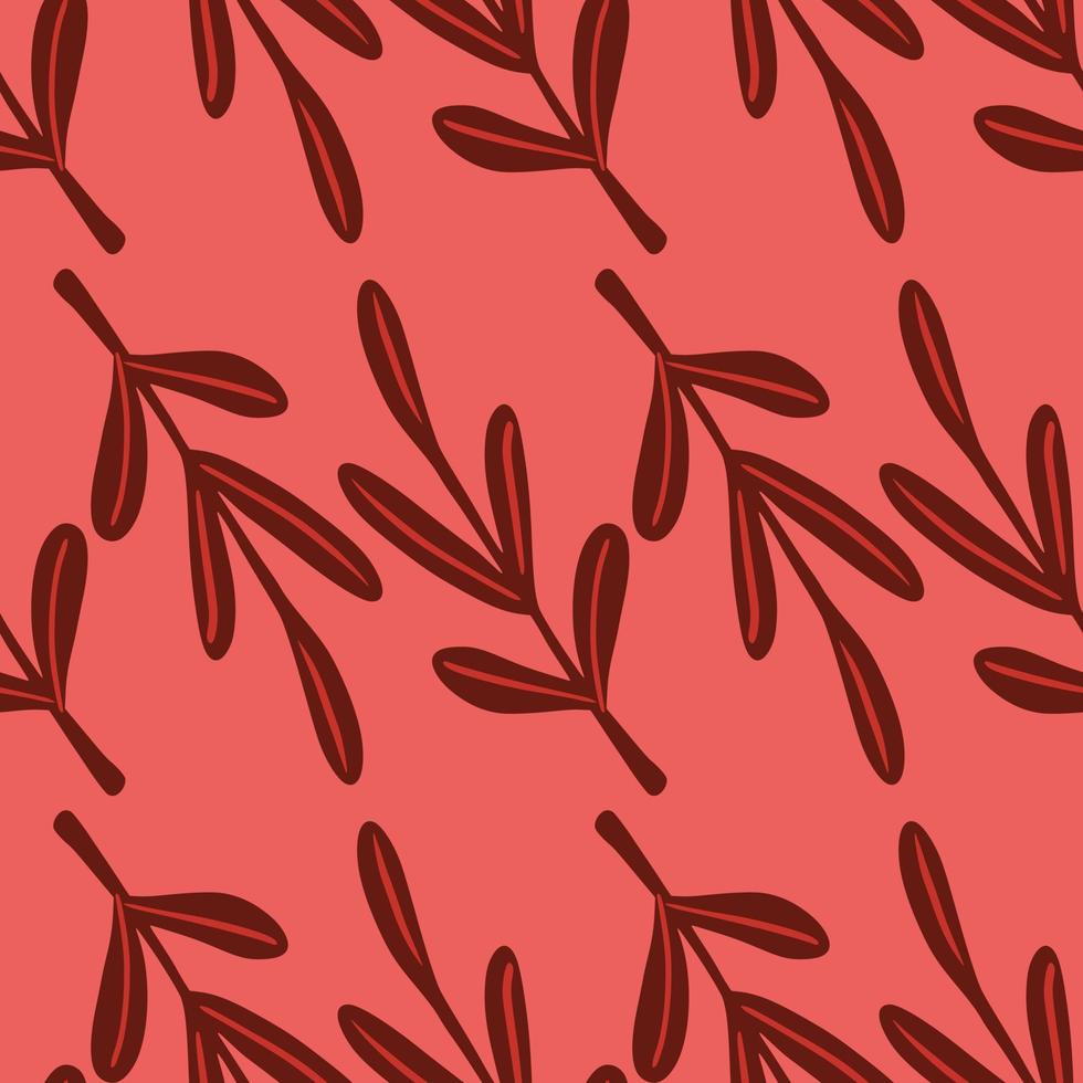 Maroon red abstract leaves twig print seamless pattern. Pink background. Doodle style. vector