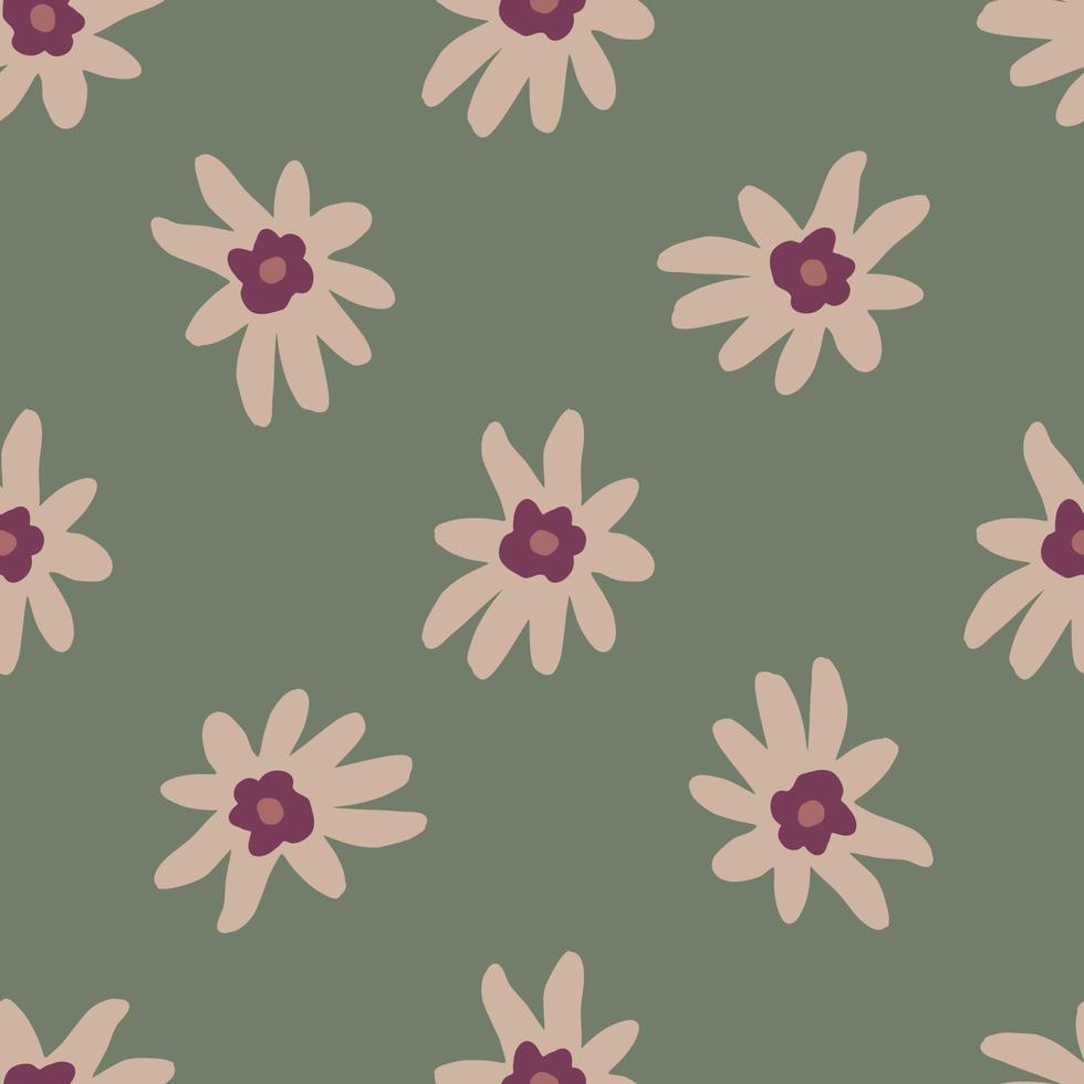 Nature seamless pattern with pink pale flowers ornament. Green background. vector