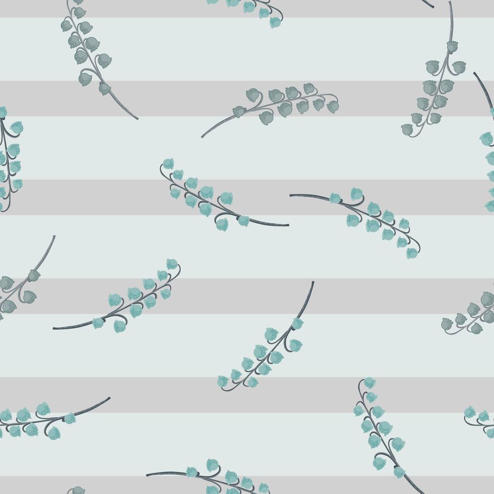 Organic doodle lily of the valley elements seamless pattern. Striped pastel blue background. Random blue flowers print. vector
