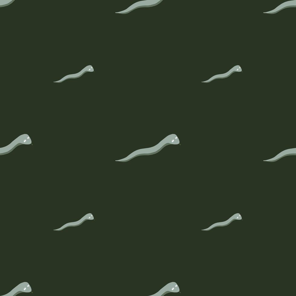 Minimalistic nature wild seamless pattern with green simple snakes print. Black background. Dark artwork. vector
