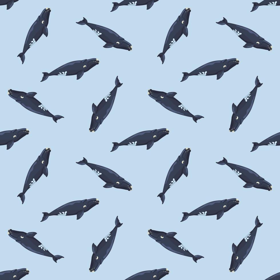 Seamless pattern right whale on light blue background. Template of cartoon character of ocean for fabric. vector