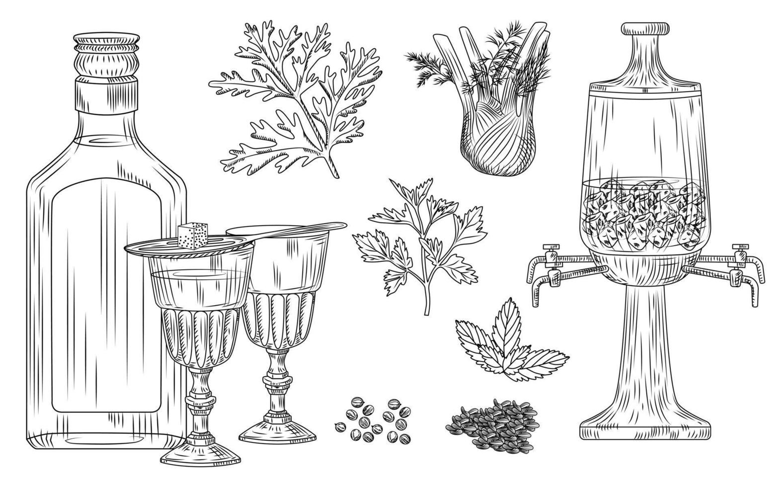 Set of absinthe. Cocktail glass and bottle, spoon, sugar, fountain, wormwood, fennel, parsley, dill, mint, coriander, anise, ice. Engraving vintage style. vector
