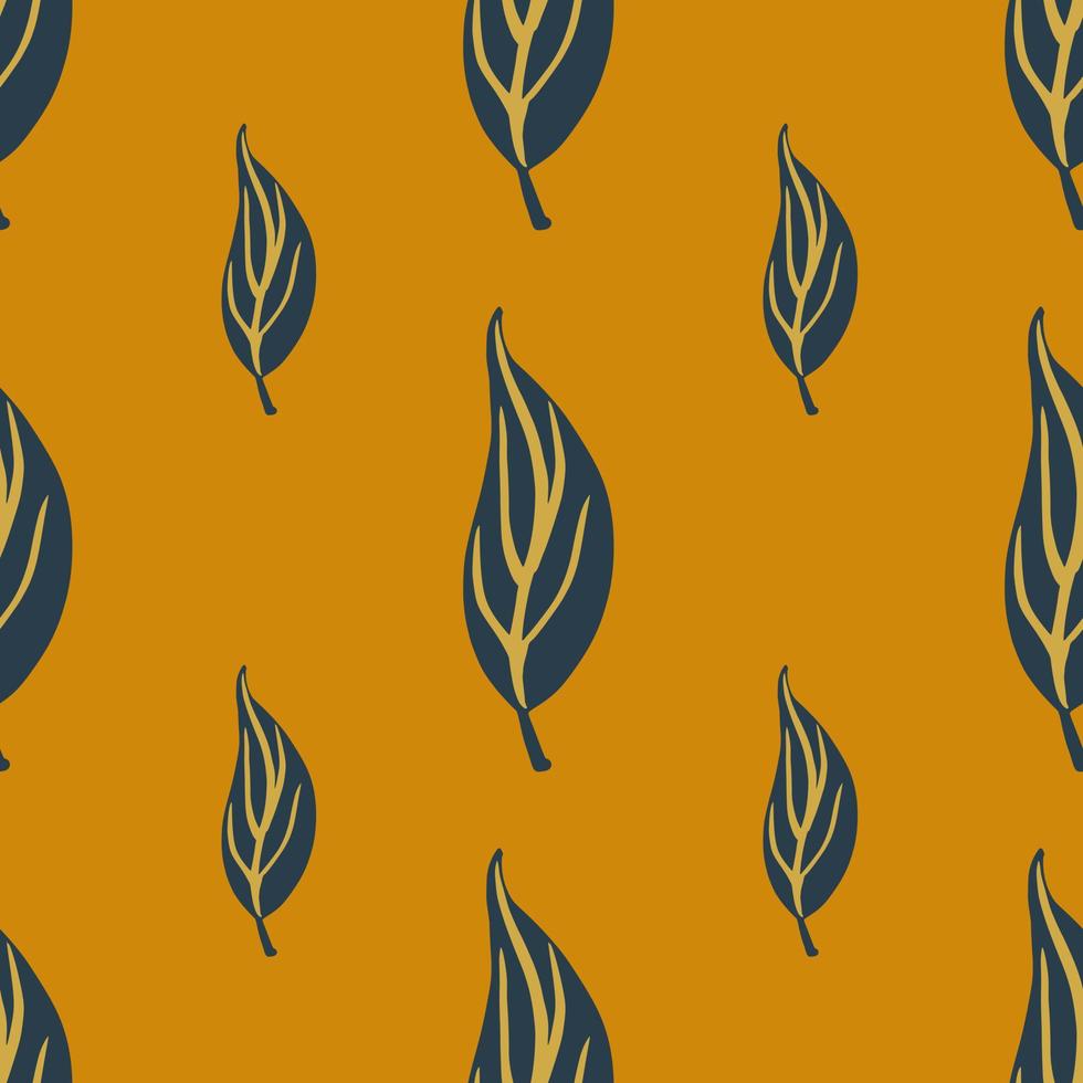 Navy blue contoured leaves doodle seamless pattern. Ocher background. Nature artwork. vector
