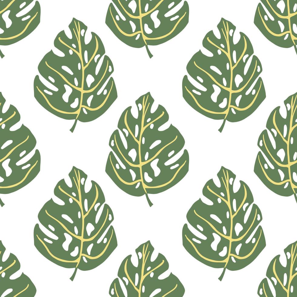 Isolated green monstera leaves silhouettes seamless doodle pattern. White background. Tropic print. vector