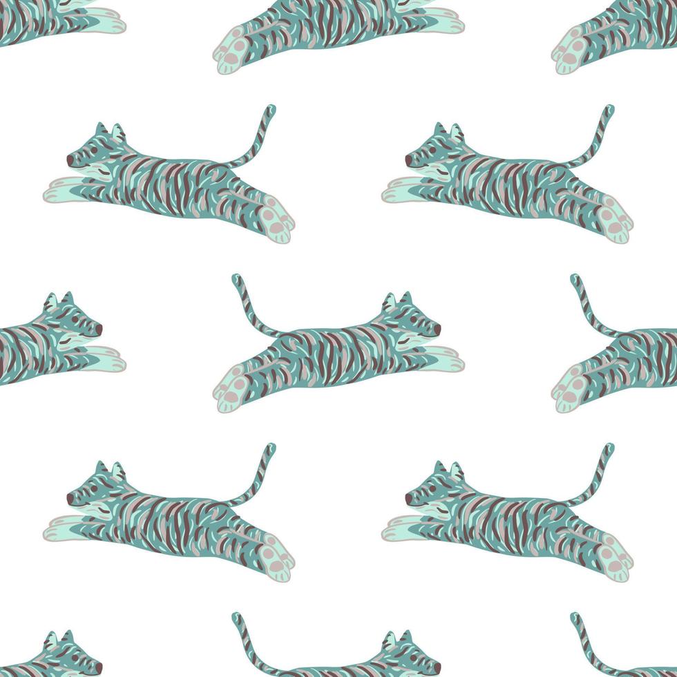 Isolated seamless pattern with blue creative tiger cats ornament. White background. Kids style. vector