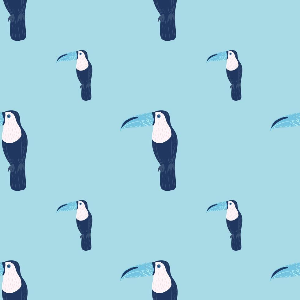 Jungle bird seamless pattern in doodle style with simple toucan shapes ornament. Blue palette bird print. vector