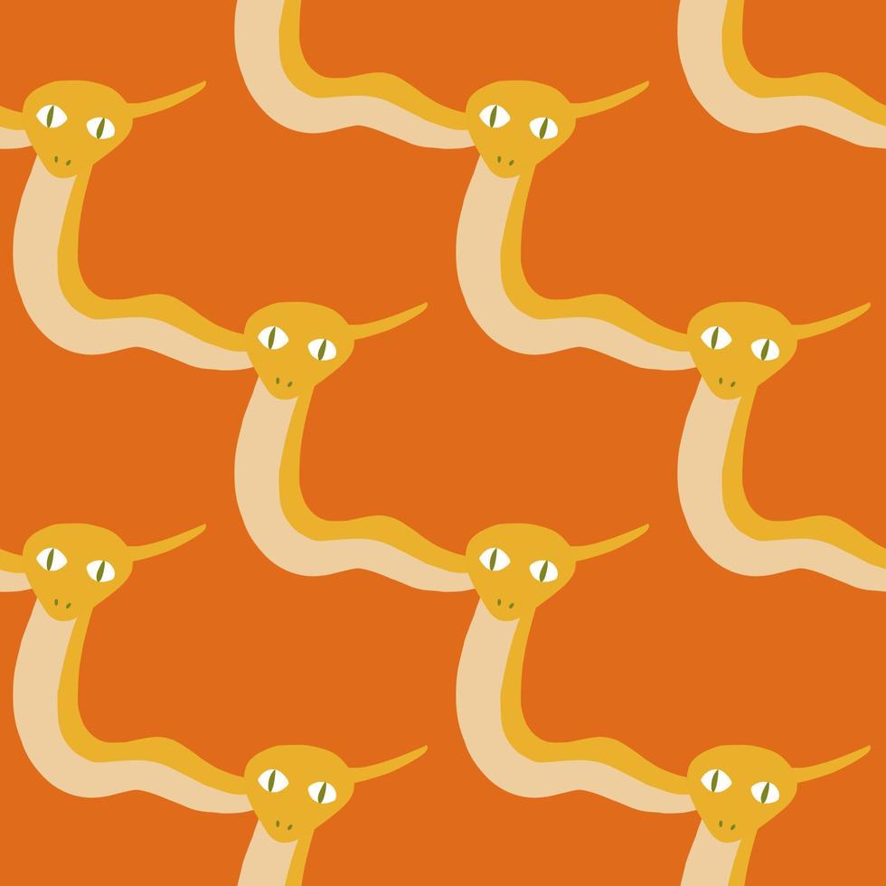 Bright tones seamless pattern with abstract animal yellow snakes shapes. Orange background. Doodle print. vector