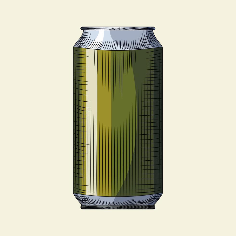 Hand drawn beer can template. Beverage green can isolated on light