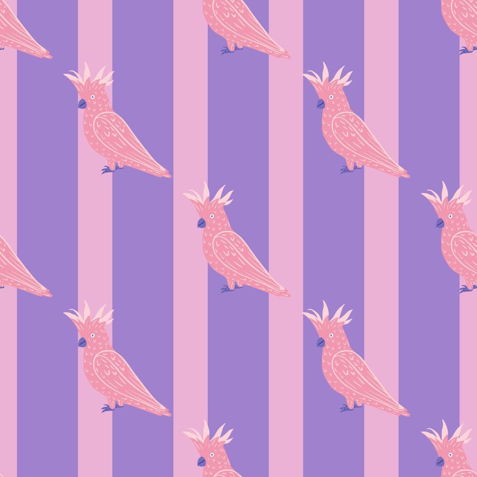 Bright cartoon kids seamless pattern with pink diagonal cackatoo parrot shapes. Purple striped background. vector