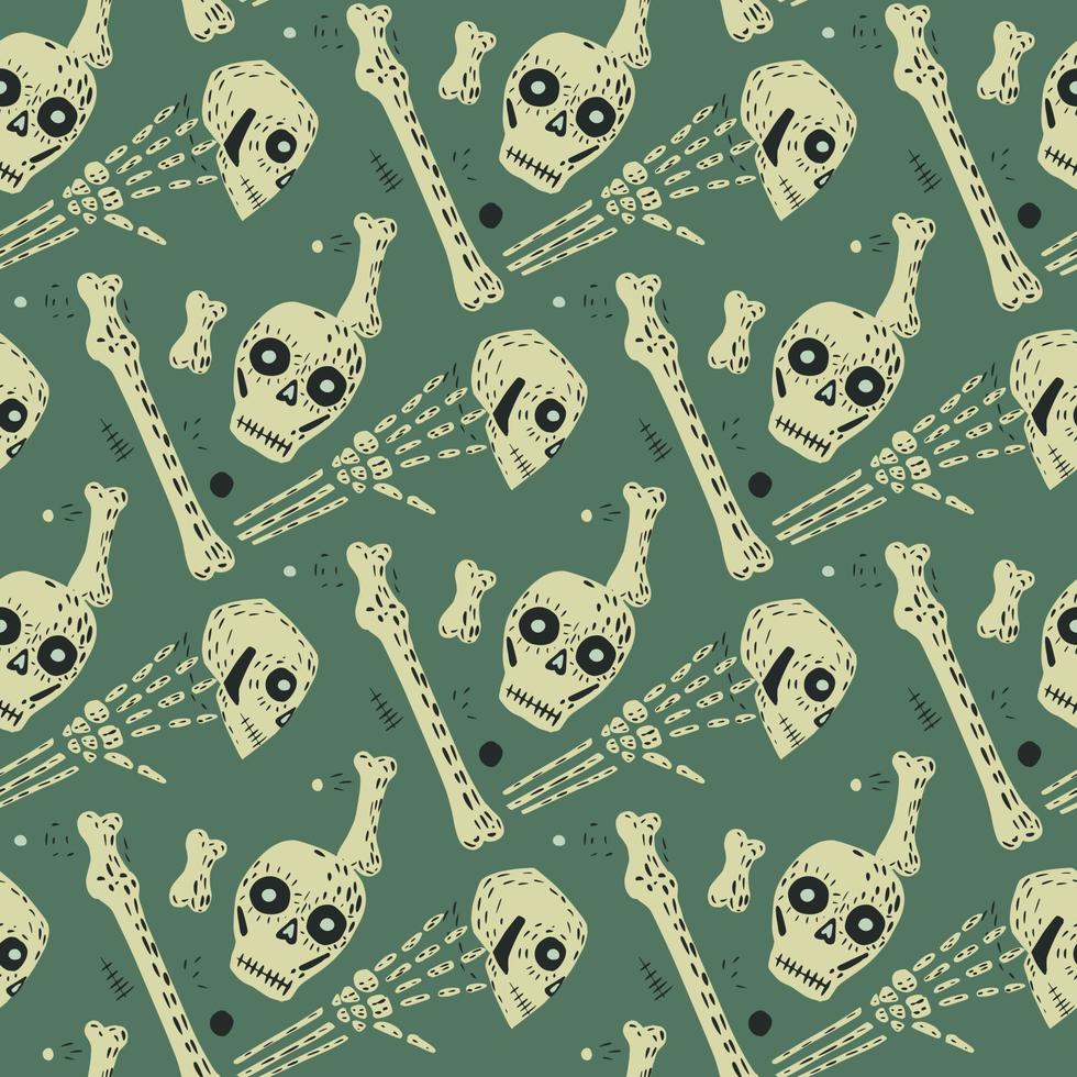 SImple spooky grey skull and bones ornament seamles pattern in hand drawn style. Turquoise pastel background. vector